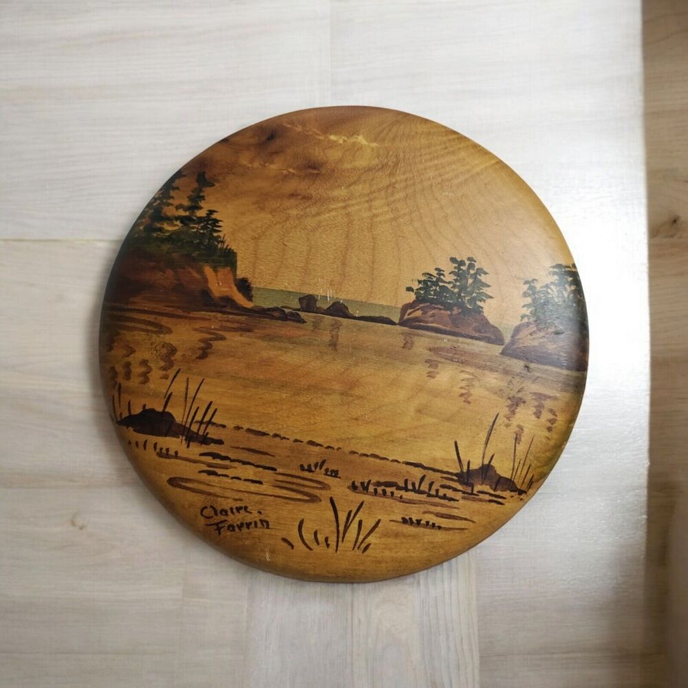 Myrtlewood Plaque Sunset Bay Oregon Vintage Hand Painted Wood